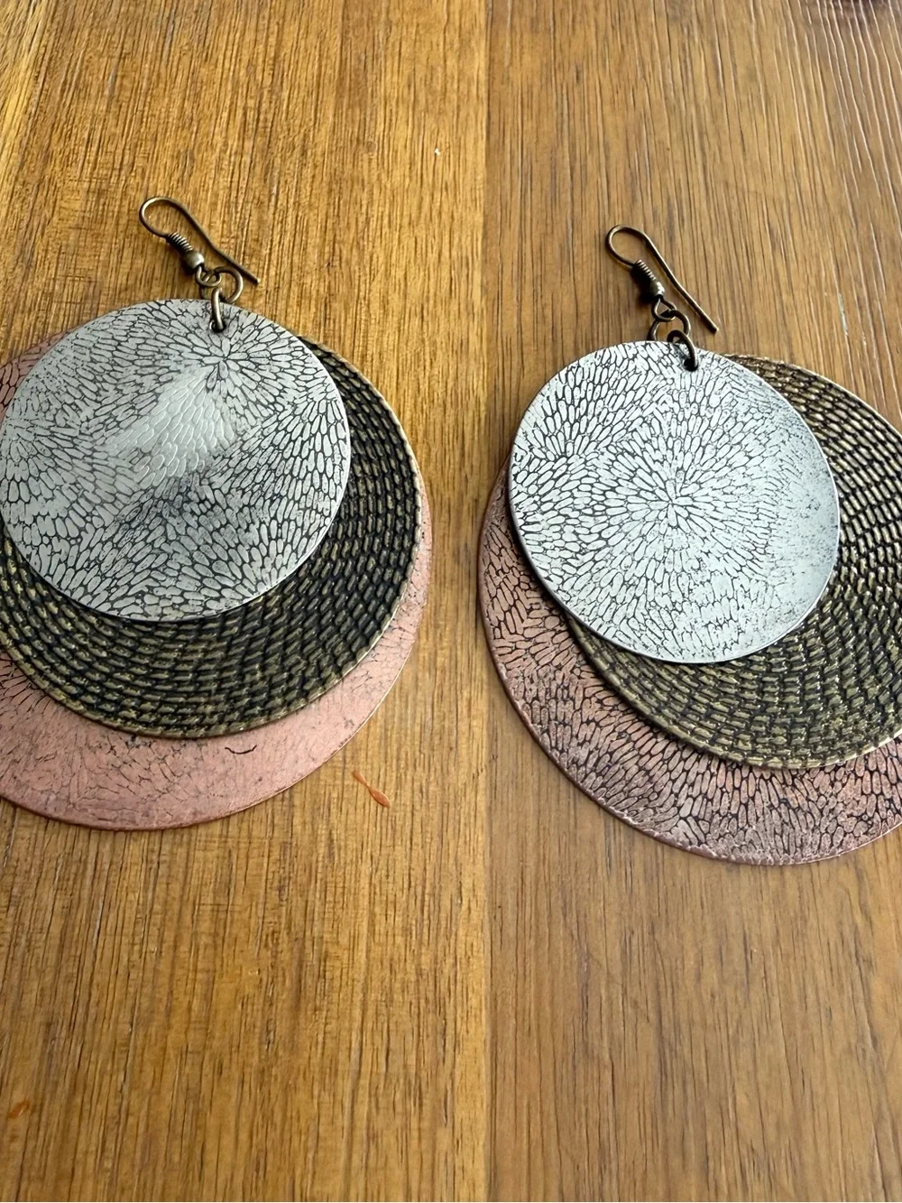 Vintage Layered Metallic Disc Drop Earrings - Silver, Bronze & Rose